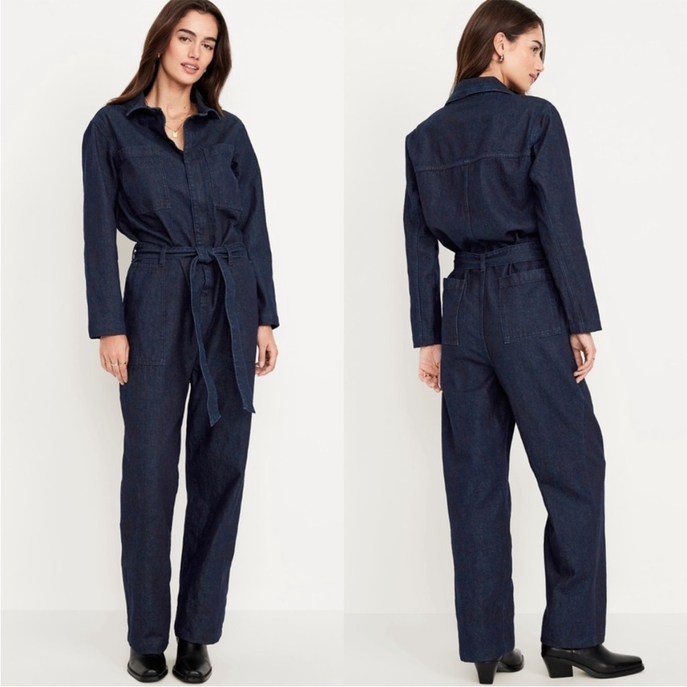 NWT Old Navy Long Sleeve Denim Jumpsuit Tie Waist Dark Indigo Blue